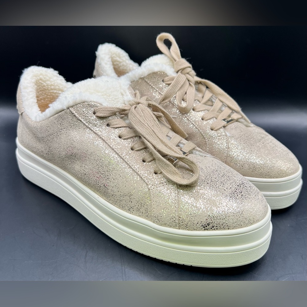 J Slides Metallic Gold Sneakers with Faux Fur, Size:9.5